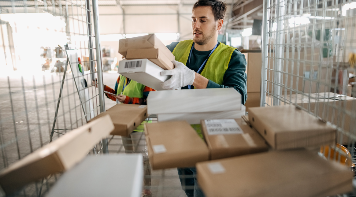 Hardworking warehouse worker relocating boxes