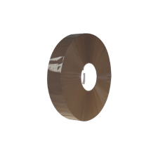 Machine applied tape from Macfarlane Packaging. Image shows one roll of brown machine tape, that is for use in line taping machines. 