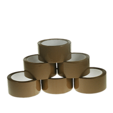 PVC Vinyl Tape from Macfarlane Packaging. Image shows six rolls of brown packing tape made from PVC, stacked together. 